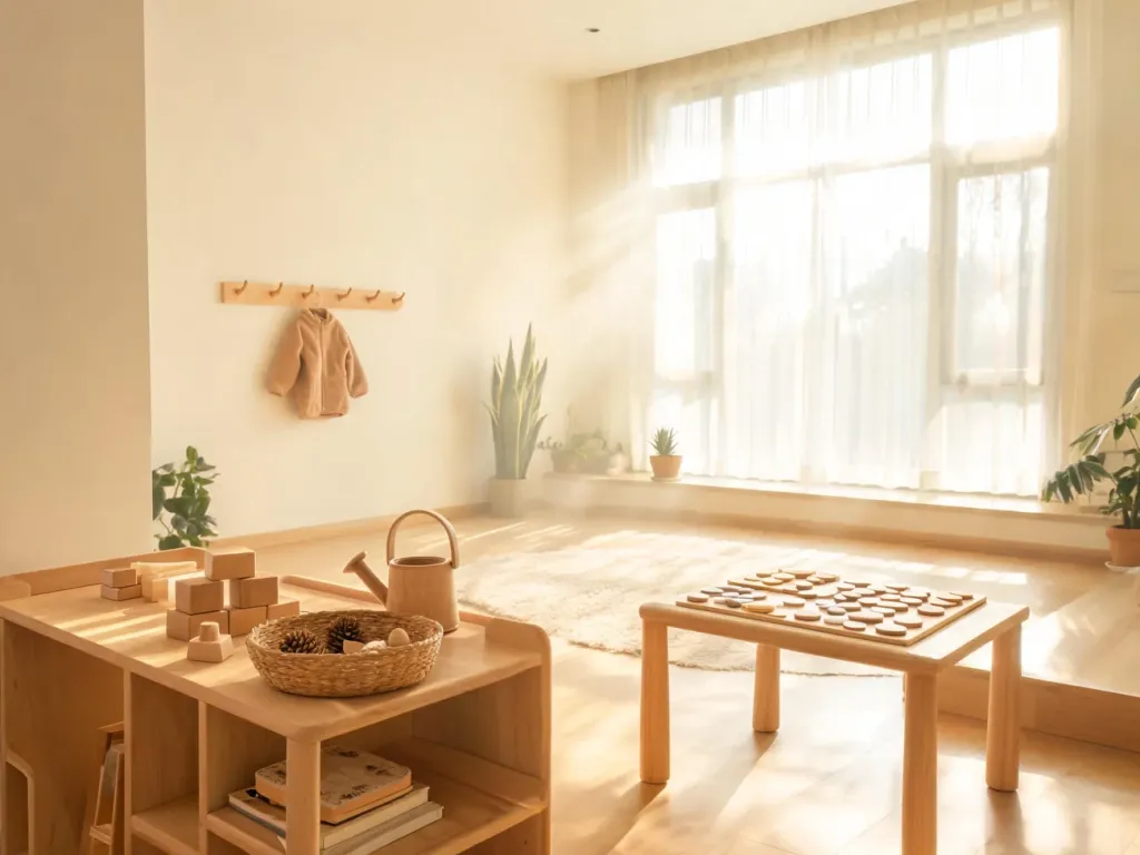 Przytulny, uporządkowany salon z niskimi półkami i stolikiem w stylu Montessori, zachęcający dziecko do samodzielnej zabawy.