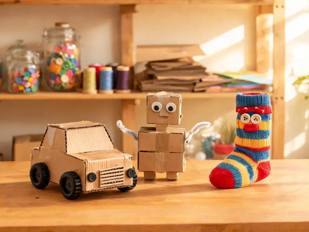 Proste zabawki z recyklingu na drewnianym stole: auto z kartonu, robot z pudełek i skarpetkowa pacynka w ciepłym wnętrzu.