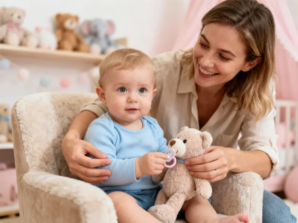 Mama spokojnie zamienia dziecku smoczek na pluszaka w przytulnym pokoju, pokazując bezstresowe odstawienie smoczka.