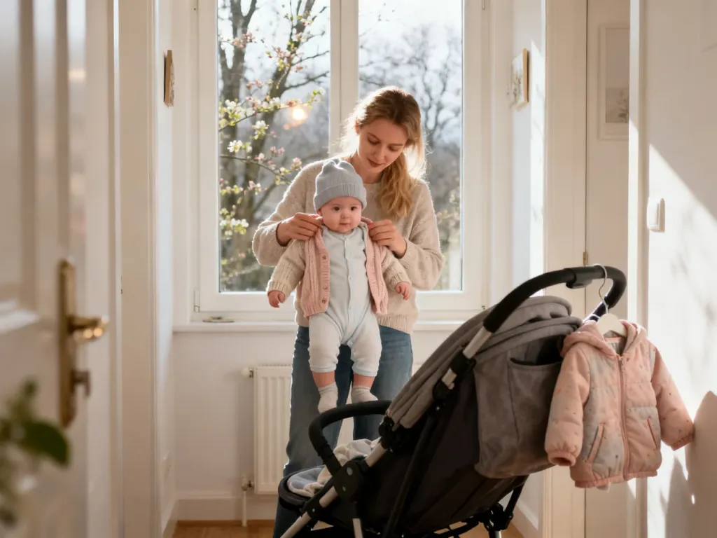 Mama ubiera niemowlę na wiosenny spacer w warstwowe ubranka w ciepłym, jasnym korytarzu, w tle wózek i kurtka, no text on the picture