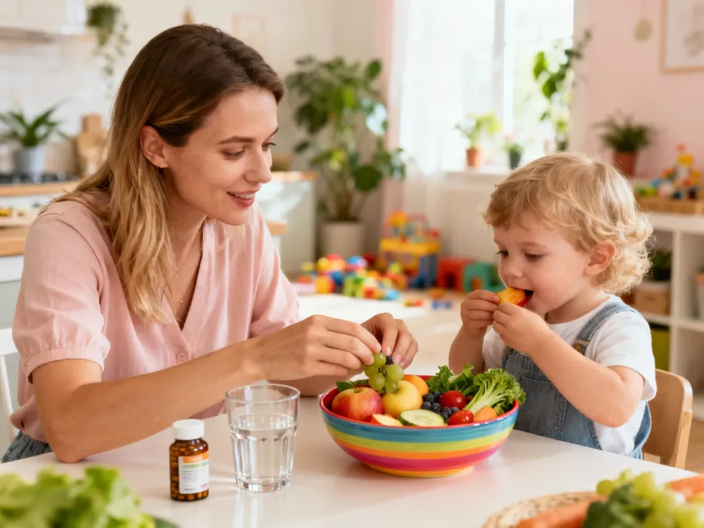 Mama pomaga przedszkolakowi jeść kolorowe owoce i warzywa w jasnej kuchni, dbając o jego odporność, no text on the picture