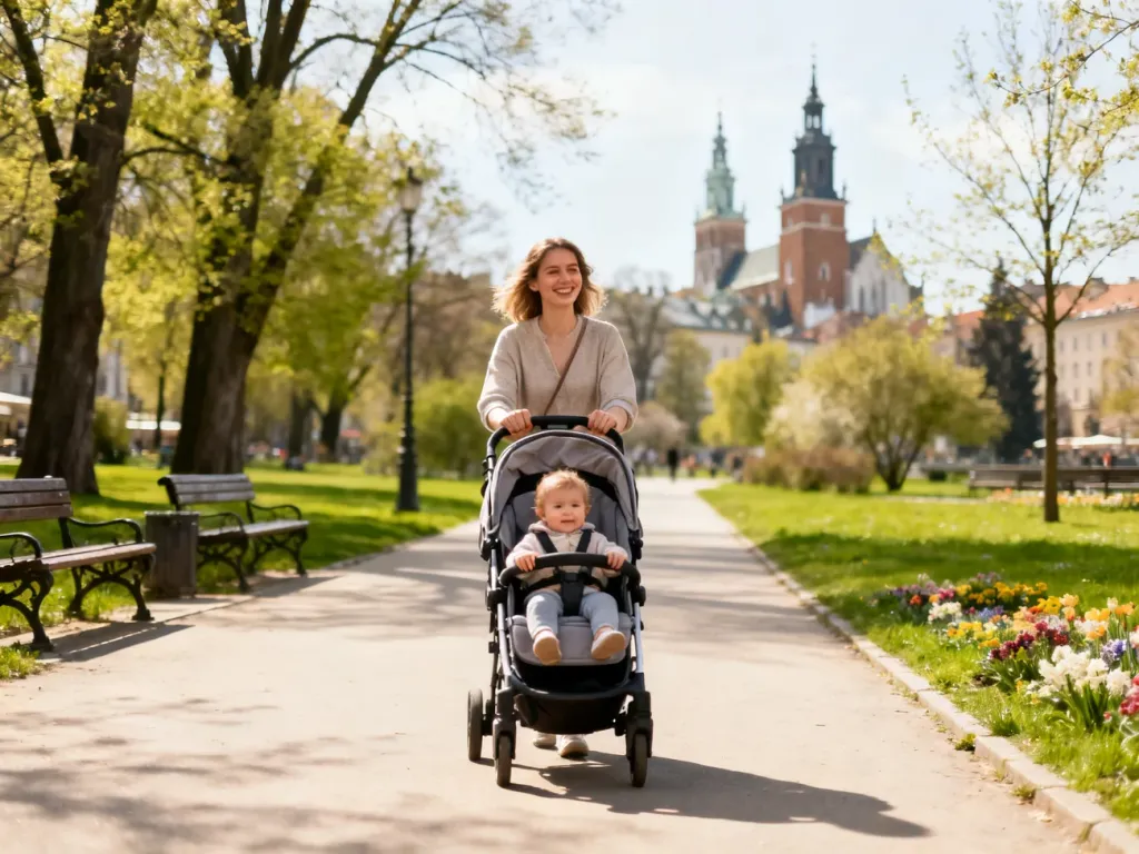 Młoda mama spaceruje z wózkiem po zielonym parku w Krakowie, w tle wieże kościołów starego miasta, no text on the picture